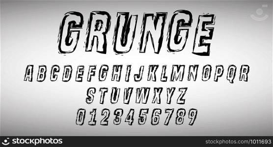 Alphabet letters and numbers of grunge design. Distressed line font template. Vector illustration.. Alphabet letters and numbers of grunge design. Distressed line font template. Vector illustration