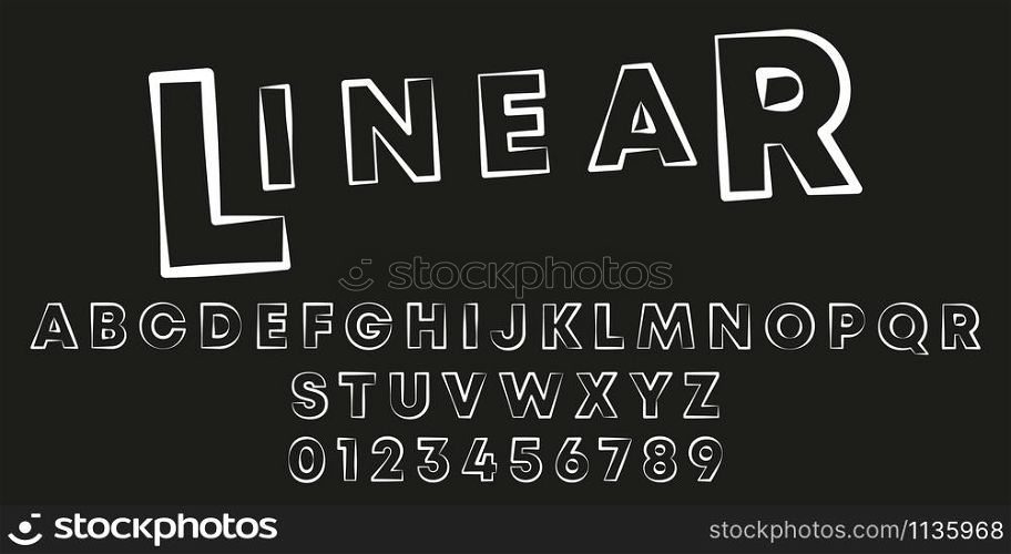 Alphabet letters and numbers of linear design. Stamp stroke font template. Vector illustration.. Alphabet letters and numbers of linear design. Stamp stroke font template. Vector illustration
