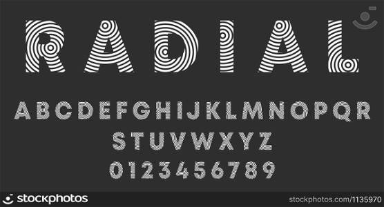 Alphabet letters and numbers of radialr design. Round lines font template. Vector illustration.. Alphabet letters and numbers of radialr design. Round lines font template. Vector illustration