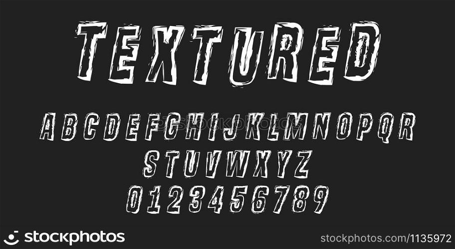 Alphabet letters and numbers of texture stroke design. Distressed line font template. Vector illustration.. Alphabet letters and numbers of texture stroke design. Distressed line font template. Vector illustration