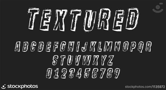 Alphabet letters and numbers of texture stroke design. Distressed line font template. Vector illustration.. Alphabet letters and numbers of texture stroke design. Distressed line font template. Vector illustration