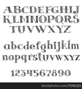 Alphabet letters font with decorative cross-hatched letters and numbers of serif font. Nice for education, typography and page decoration. Alphabet letters font with cross-hatching