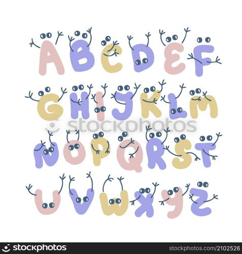 Alphabet letters with hands and eyes doodle collection. Perfect for poster, party invitation and print. Hand drawn vector illustration for decor and design.