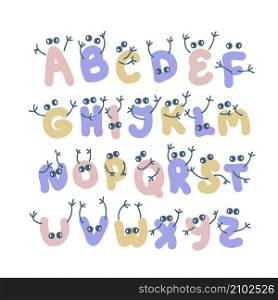 Alphabet letters with hands and eyes doodle collection. Perfect for poster, party invitation and print. Hand drawn vector illustration for decor and design.