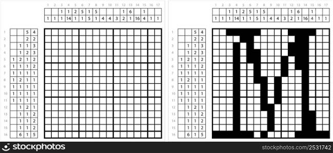 Alphabet M Nonogram Pixel Art, Character M, Language Letter Graphemes Symbol Vector Art Illustration, Logic Puzzle Game Griddlers, Pic-A-Pix, Picture Paint By Numbers, Picross
