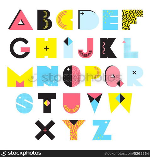 Alphabet Memphis Style Illustration. Colorful alphabet in memphis style with textures and ornaments bright geometric elements isolated vector illustration
