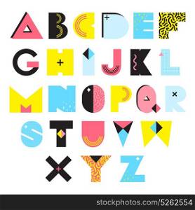 Alphabet Memphis Style Illustration. Colorful alphabet in memphis style with textures and ornaments bright geometric elements isolated vector illustration