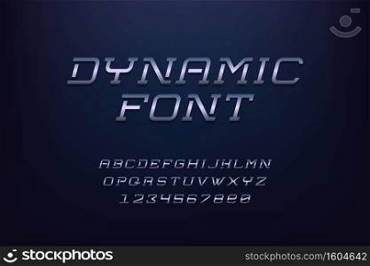Alphabet. Minimalist typeface design. Capital letters of English language and numbers. Collection of uppercase text symbols. Metallic font with modern dynamic style for headers. Vector lettering set. Alphabet. Minimalist typeface. Capital letters of English language and numbers. Collection of uppercase text symbols. Metallic font with modern dynamic style for headers, vector set