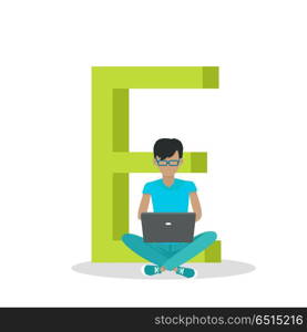 Alphabet mobile people illustration. Flat design. ABC vector with human using computer and mobile device. man seating on letter E and working on laptop. Social network communication concept. Alphabet Mobile People Vector Flat Design Concept. Alphabet Mobile People Vector Flat Design Concept