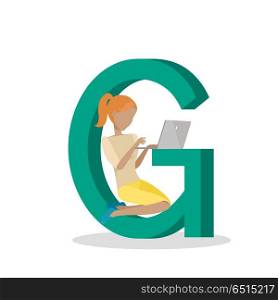 Alphabet mobile people illustration. Flat design. ABC vector with human using computer and mobile device. Girl seating on letter G and working on laptop. Social network communication. concept.. Alphabet Mobile People Vector Flat Design Concept. Alphabet Mobile People Vector Flat Design Concept