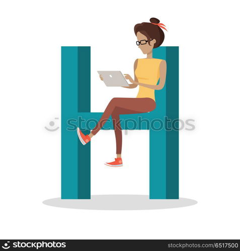 Alphabet mobile people illustration. Flat design. ABC vector with human using computer and mobile device. Girl seating on letter H and working on tablet. Social network communication concept. Alphabet Mobile People Vector Flat Design Concept. Alphabet Mobile People Vector Flat Design Concept