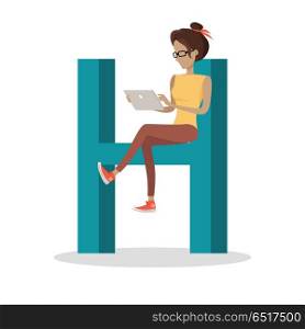 Alphabet mobile people illustration. Flat design. ABC vector with human using computer and mobile device. Girl seating on letter H and working on tablet. Social network communication concept. Alphabet Mobile People Vector Flat Design Concept. Alphabet Mobile People Vector Flat Design Concept