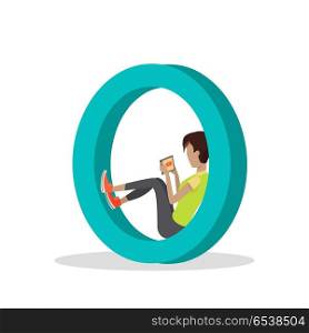 Alphabet mobile people illustration. Flat design. ABC vector with human using computer and mobile device. man seating on letter O and working on tablet. Social network communication concept. Alphabet Mobile People Vector Flat Design Concept. Alphabet Mobile People Vector Flat Design Concept