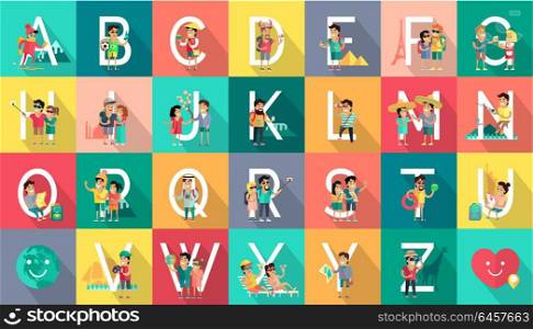 Alphabet Mobile People Vector Flat Design Concept. Alphabet mobile people illustration. Flat design. ABC vector with people using computer and mobile devices. Simple white letters and human character collection. Social network communication. concept.