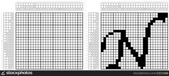 Alphabet N Nonogram Pixel Art, Character N, Language Letter Graphemes Symbol Vector Art Illustration, Logic Puzzle Game Griddlers, Pic-A-Pix, Picture Paint By Numbers, Picross