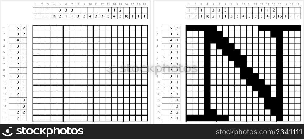 Alphabet N Nonogram Pixel Art, Character N, Language Letter Graphemes Symbol Vector Art Illustration, Logic Puzzle Game Griddlers, Pic-A-Pix, Picture Paint By Numbers, Picross