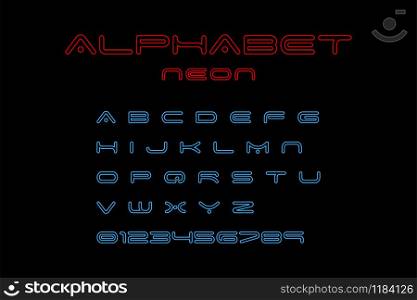 Alphabet Neon Font, isolated on black background. Alphabet Neon Font red and blue color. Modern design. Glowing alphabet font. Set of abc in neon design. Vector illustration