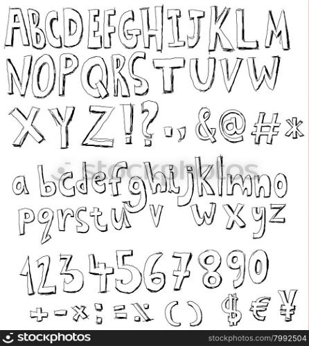 Alphabet, numbers and signs doodle set