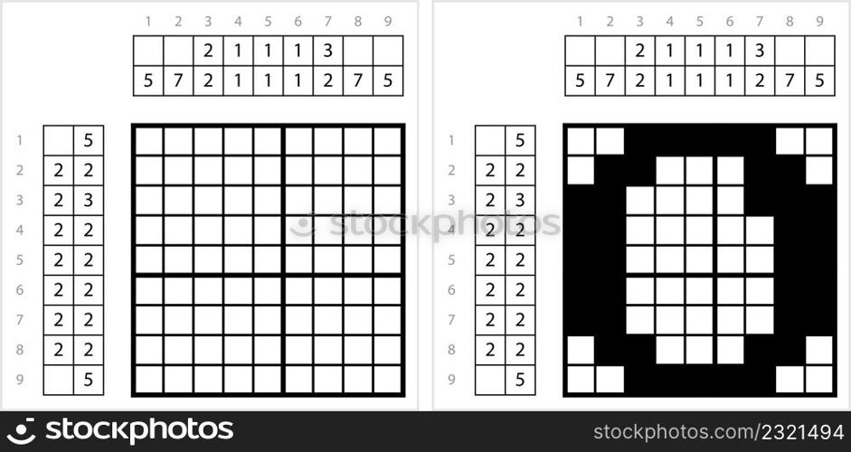 Alphabet O Lowercase Nonogram Pixel Art, Character O, Language Letter Graphemes Symbol Vector Art Illustration, Logic Puzzle Game Griddlers, Pic-A-Pix, Picture Paint By Numbers, Picross