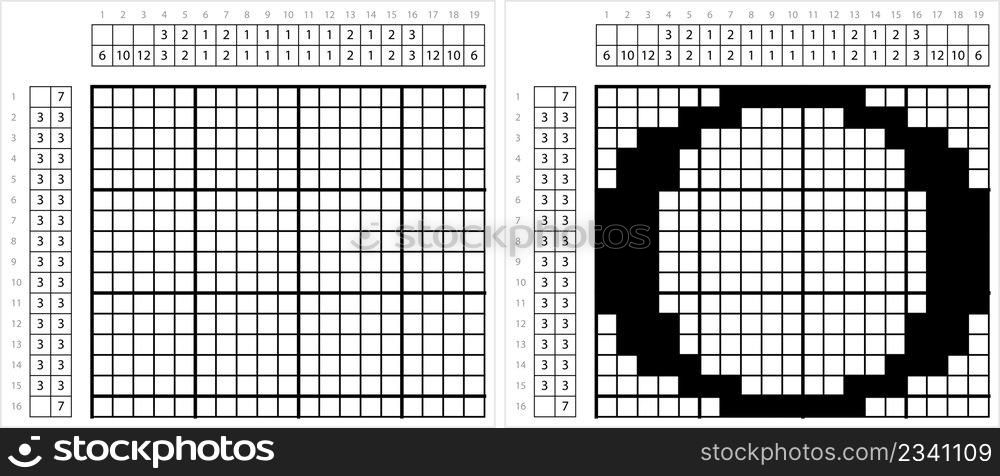 Alphabet O Nonogram Pixel Art, Character O, Language Letter Graphemes Symbol Vector Art Illustration, Logic Puzzle Game Griddlers, Pic-A-Pix, Picture Paint By Numbers, Picross