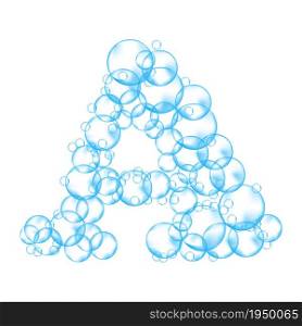 Alphabet of soap bubbles. Water suds letter a. Realistic vector font isolated on white background.. Alphabet of soap bubbles. Water suds letter a. Realistic vector font isolated on white background