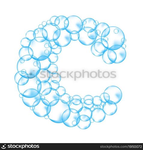 Alphabet of soap bubbles. Water suds letter c. Realistic vector font isolated on white background.. Alphabet of soap bubbles. Water suds letter c. Realistic vector font isolated on white background