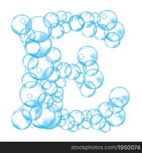 Alphabet of soap bubbles. Water suds letter E. Realistic vector font isolated on white background.. Alphabet of soap bubbles. Water suds letter E. Realistic vector font isolated on white background