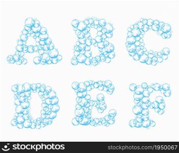 Alphabet of soap bubbles. Water suds letters a, b, c, d, e, f. Realistic vector font isolated on white background.. Alphabet of soap bubbles. Water suds letters a, b, c, d, e, f. Realistic vector font isolated on white background