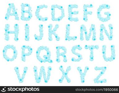 Alphabet of soap bubbles. Water suds letters. Cartoon vector font isolated on white background.. Alphabet of soap bubbles. Water suds letters. Cartoon vector font isolated on white background