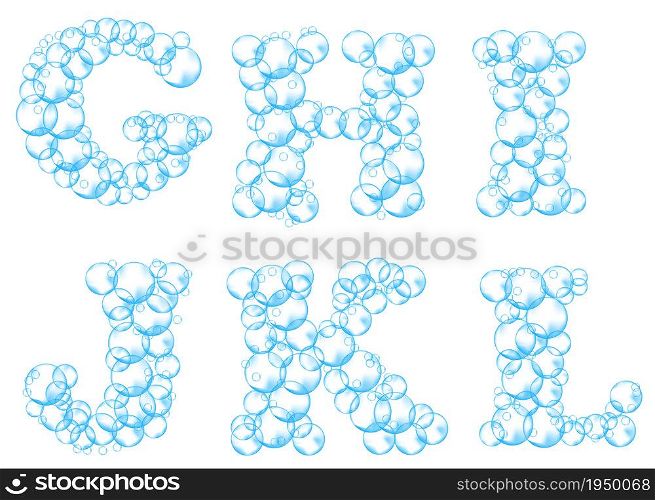 Alphabet of soap bubbles. Water suds letters g, h, i, j, k, l. Realistic vector font isolated on white background.. Alphabet of soap bubbles. Water suds letters g, h, i, j, k, l. Realistic vector font isolated on white background