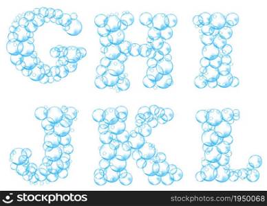 Alphabet of soap bubbles. Water suds letters g, h, i, j, k, l. Realistic vector font isolated on white background.. Alphabet of soap bubbles. Water suds letters g, h, i, j, k, l. Realistic vector font isolated on white background