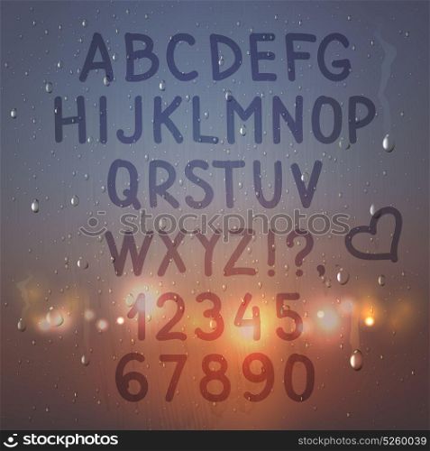 Alphabet On Misted Glass Composition. Colored hand drawn realistic alphabet and numbers on misted glass composition with flash lights on background vector illustration