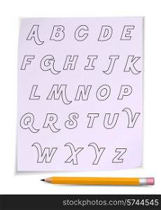 Alphabet on page with yellow pencil
