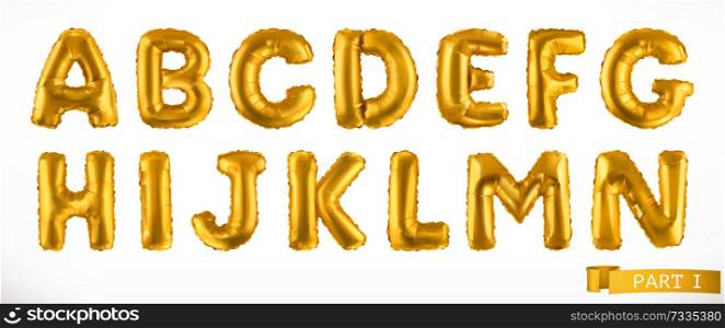Alphabet part 1. Golden inflatable toy balloons. Letters A - N. 3D realistic font. Vector icon set