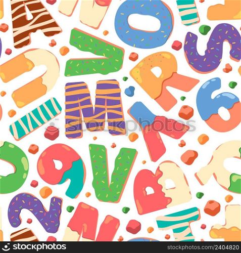 Alphabet pattern. Donuts cakes funny letters and numbers text symbols garish vector textile design projects seamless templates. Illustration of alphabet donut background pattern, decoration dessert. Alphabet pattern. Donuts cakes funny letters and numbers text symbols garish vector textile design projects seamless templates