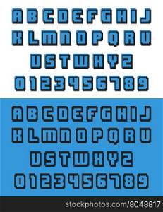 Alphabet pixel font. Letters and numbers old video game design. Vector illustration.. Old video game font