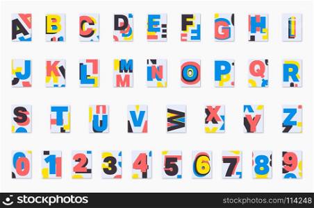 Alphabet poster font design. Set of numbers and letters. Cover for magazine, printing products, flyer, presentation, playing cards, brochure or booklet. Vector illustration.