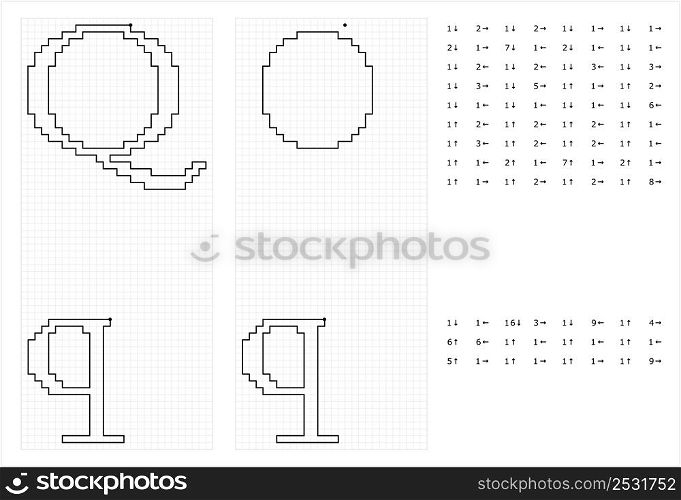 Alphabet Q Graphic Dictation Drawing, Character A, Language Letter Graphemes Symbol Vector Art Illustration, Drawing By Cells