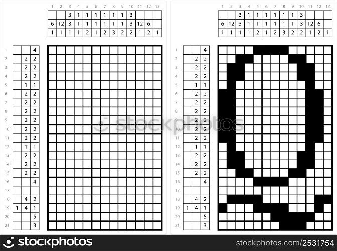Alphabet Q Nonogram Pixel Art, Character Q, Language Letter Graphemes Symbol Vector Art Illustration, Logic Puzzle Game Griddlers, Pic-A-Pix, Picture Paint By Numbers, Picross