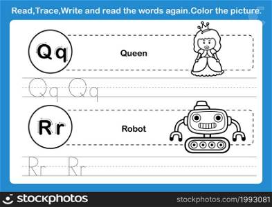 Alphabet Q-R exercise with cartoon vocabulary for coloring book illustration, vector