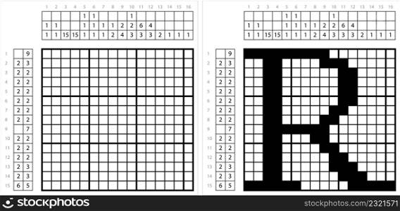 Alphabet R Nonogram Pixel Art, Character R, Language Letter Graphemes Symbol Vector Art Illustration, Logic Puzzle Game Griddlers, Pic-A-Pix, Picture Paint By Numbers, Picross