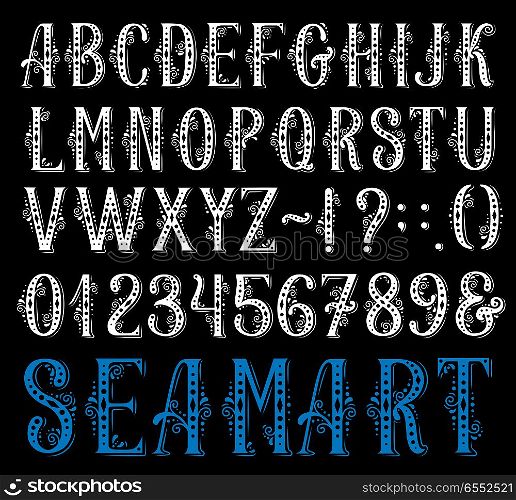 Alphabet retro font set of letter and number. Vintage typography type, decorated by floral ornament, curl and dot, uppercase alphabet symbol, digit, ampersand and punctuation mark for typeface design. Alphabet retro font of letter and number typeface