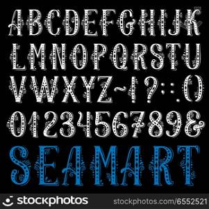 Alphabet retro font set of letter and number. Vintage typography type, decorated by floral ornament, curl and dot, uppercase alphabet symbol, digit, ampersand and punctuation mark for typeface design. Alphabet retro font of letter and number typeface