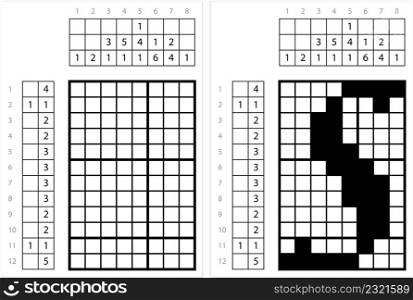 Alphabet S Lowercase Nonogram Pixel Art, Character S, Language Letter Graphemes Symbol Vector Art Illustration, Logic Puzzle Game Griddlers, Pic-A-Pix, Picture Paint By Numbers, Picross