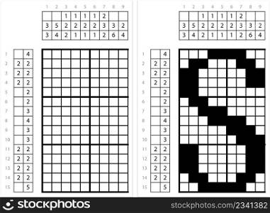 Alphabet s Lowercase Nonogram Pixel Art, Character s, Language Letter Graphemes Symbol Vector Art Illustration, Logic Puzzle Game Griddlers, Pic-A-Pix, Picture Paint By Numbers, Picross