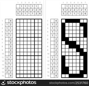 Alphabet S Nonogram Pixel Art, Character S, Language Letter Graphemes Symbol Vector Art Illustration, Logic Puzzle Game Griddlers, Pic-A-Pix, Picture Paint By Numbers, Picross
