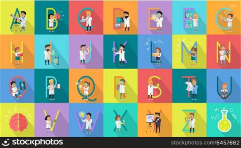 Alphabet Science Vector Flat Design Concept. Alphabet science concept. Flat design. ABC vector with scientists at work. Simple colored letters and scientist character collection. Concepts for childrens book, scientific research illustrating.
