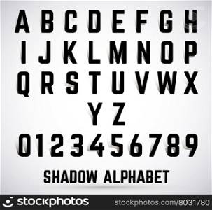 Alphabet shadow font. Alphabet shadow font set. Typeface with shadow. Letters and numbers. Vector illustration.