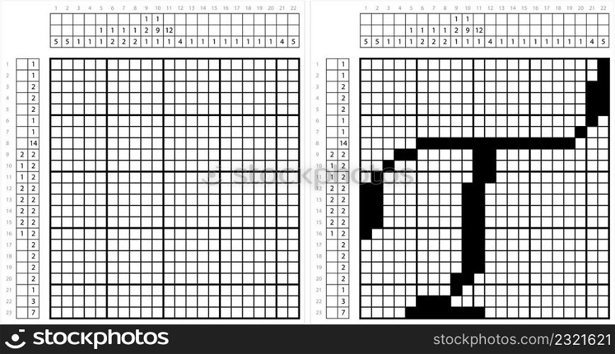 Alphabet T Nonogram Pixel Art, Character T, Language Letter Graphemes Symbol Vector Art Illustration, Logic Puzzle Game Griddlers, Pic-A-Pix, Picture Paint By Numbers, Picross