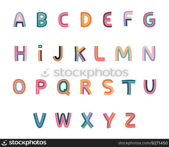 Alphabet type with colorful bright design. Typography letters collection with geometric shape, vector illustration. Contemporary poster elements for sign decoration. Alphabet type with colorful bright design